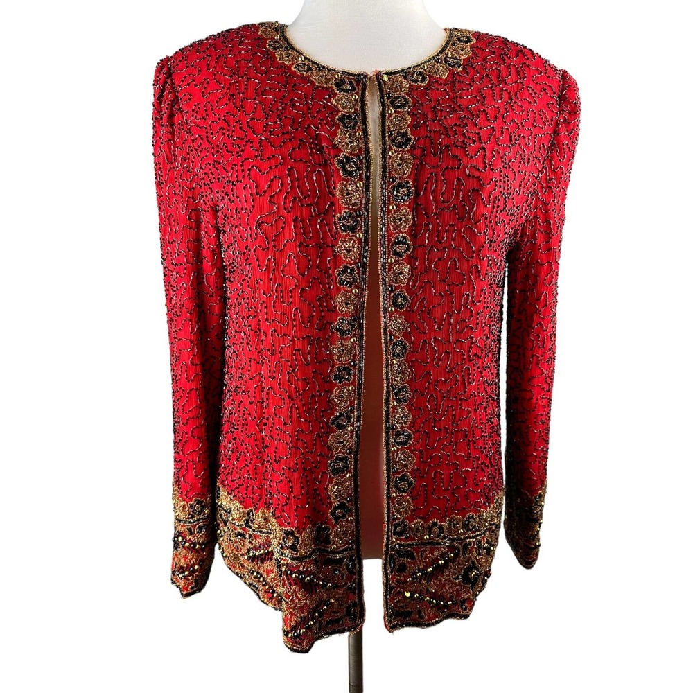 *Flawed* Vintage Laurence Kazar Silk Beaded Embellished Jacket Red Plus Size 2X - Picture 2 of 16